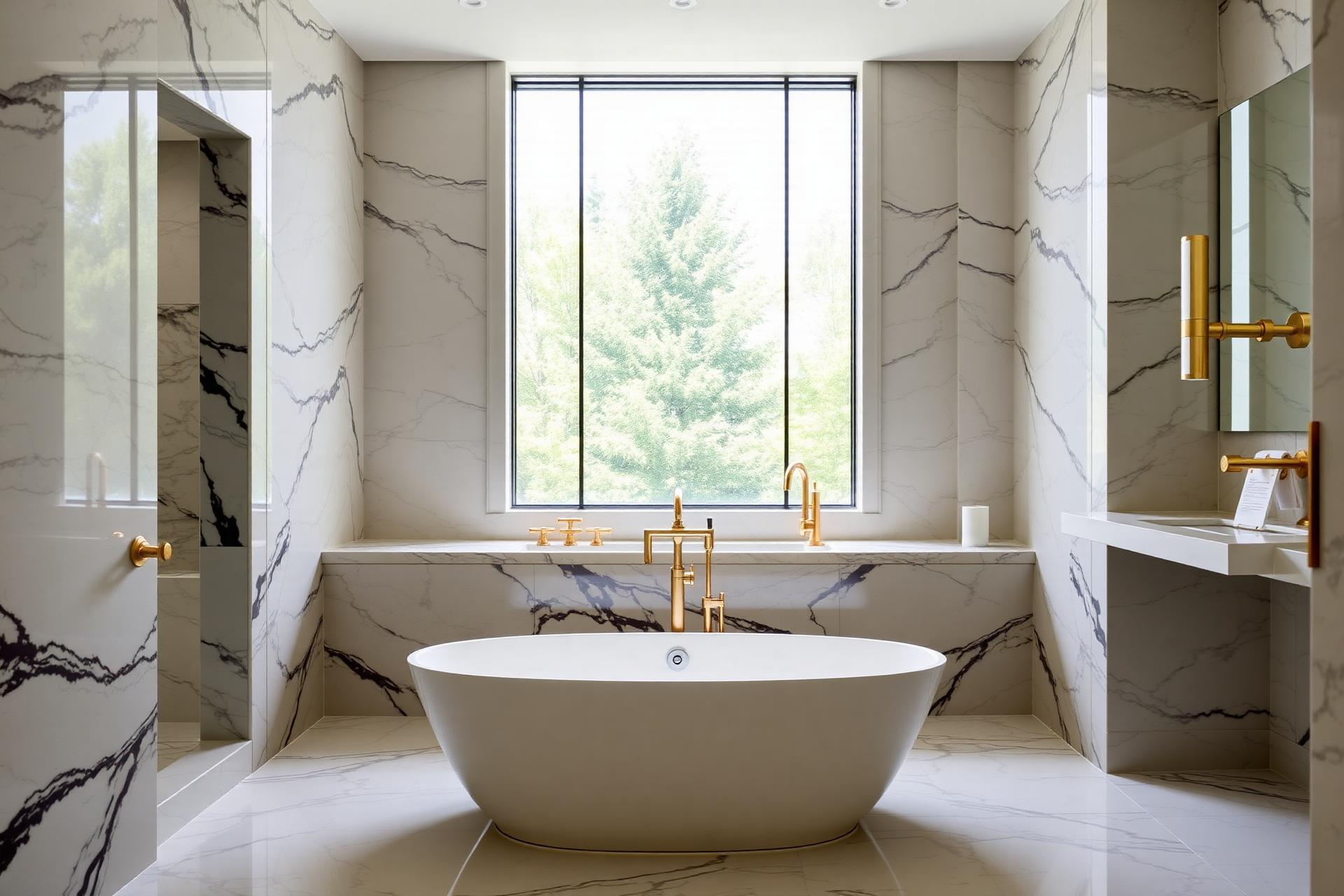 Luxury remodeled bathroom with marble and gold accents